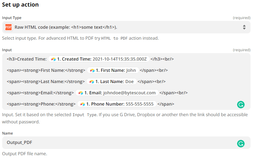 Set up Action Fields