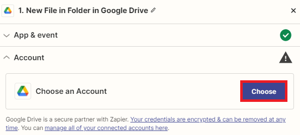 Screenshot of connecting Google Drive account