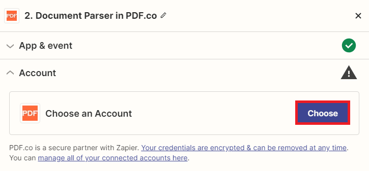Screenshot of linking PDF.co account
