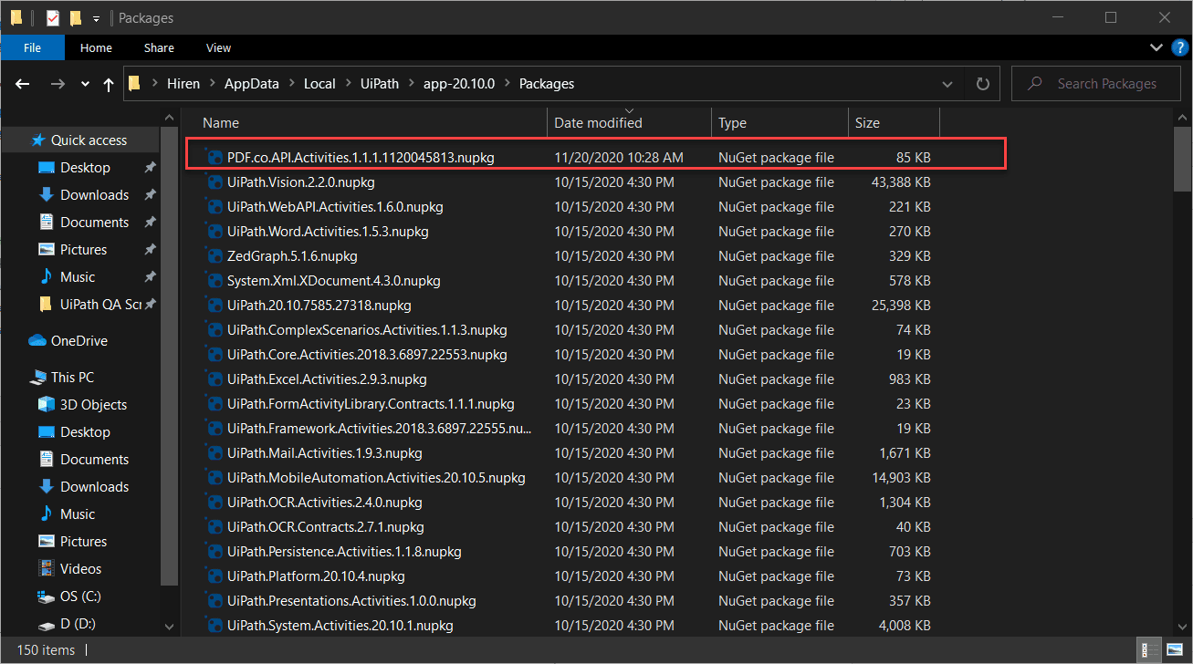 Local path to UiPath package folder