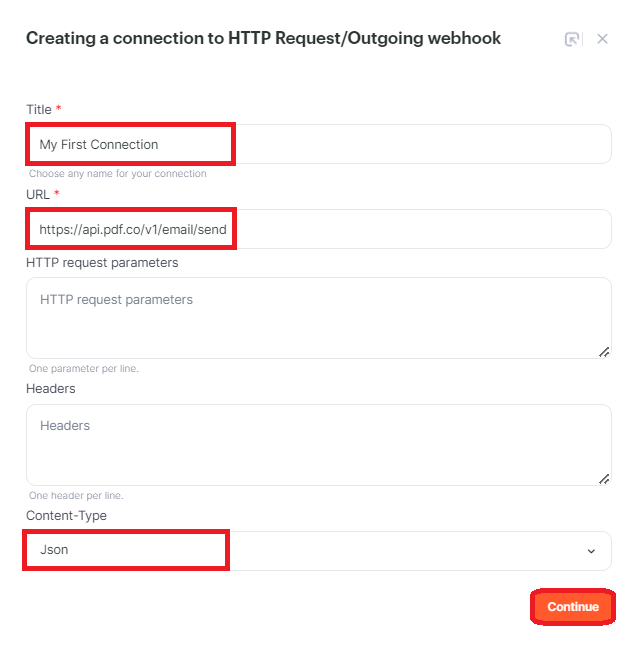 Screenshot of establishing a HTTP request/outgoing webhook