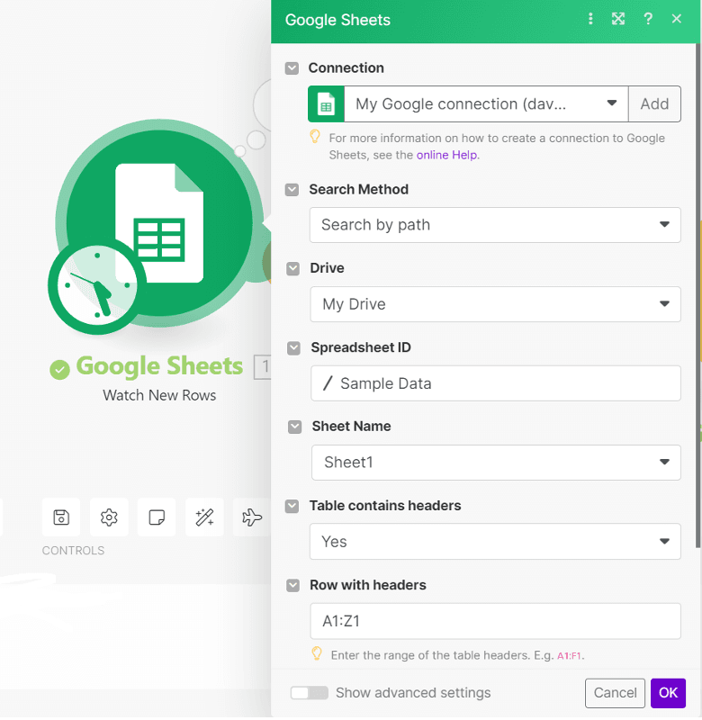 Configure Google Sheets module