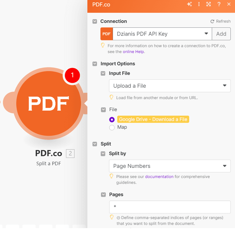 Setup Split a PDF Configuration