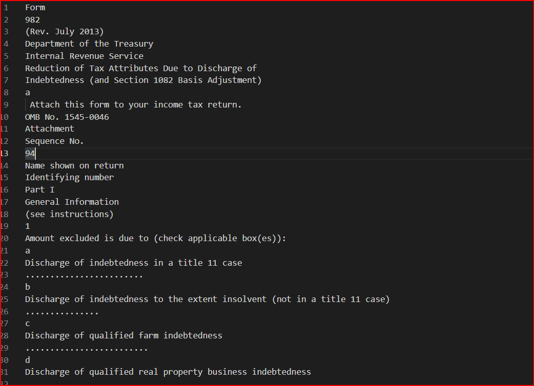 Plain text generated by PDF2JSON npm package on IRS Form 982 PDF: