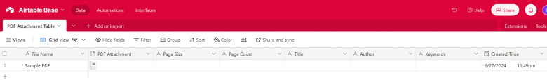 Sample Airtable table that includes a PDF attachment along with its associated information