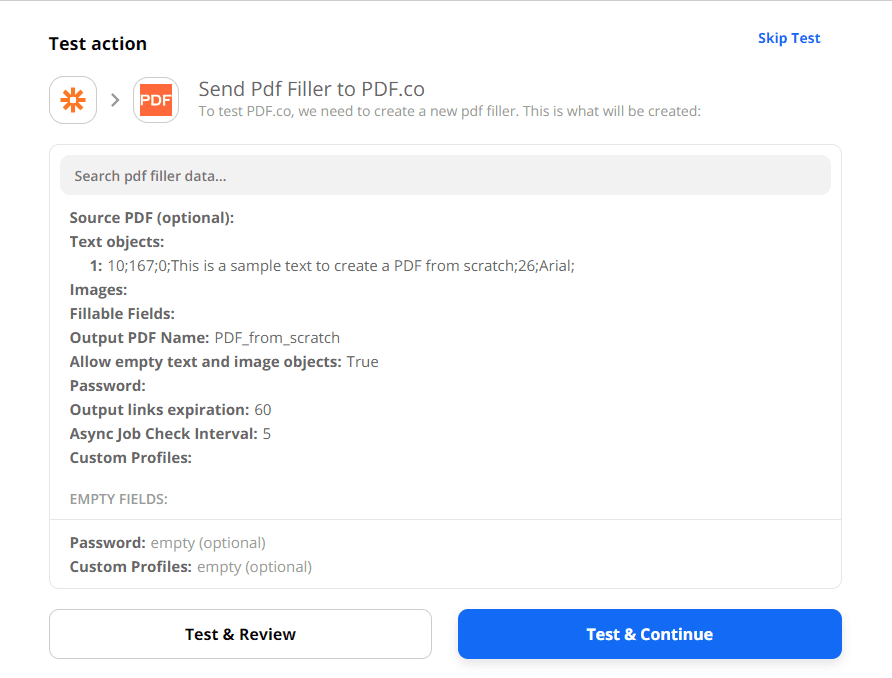 Test action for PDF Filler