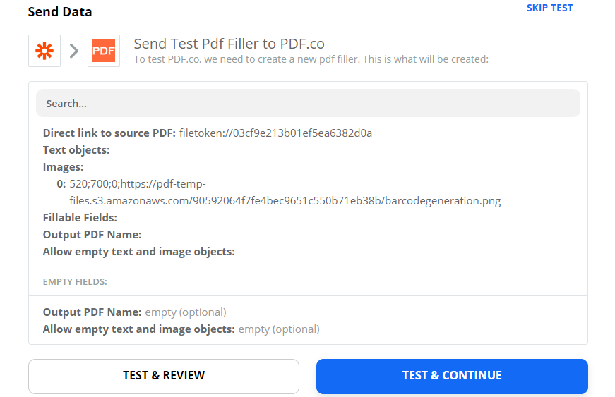 Sending data for Test & Review on Zapier