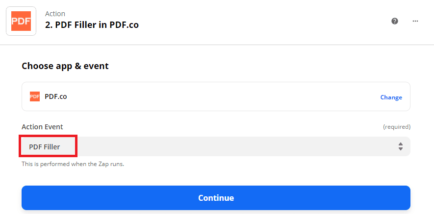 Setup PDF.co As The App And PDFFiller As The Action Event