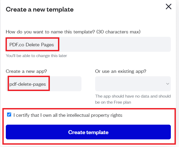 Screenshot of creating a new template