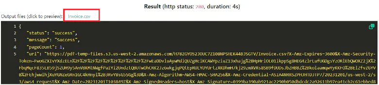 Screenshot of PDF.co Request Result