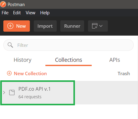 Screenshot of PDF.co API v. 1 folder inside the Postman app