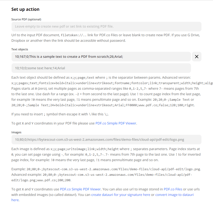 Setting up action parameters