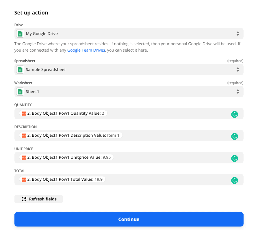 Select the drive that you want to use, select the Spreadsheet that you'll be using, select which Worksheet you'll want to add the new row, and set the Value of the row that you want to add