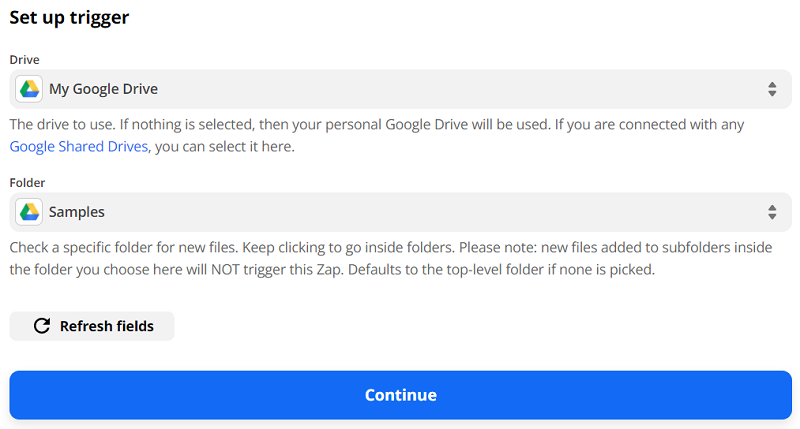 Screenshot of selecting a Drive and Folder