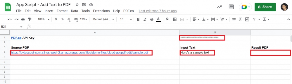 Add API Key, Sample PDF, Input Text, and Result