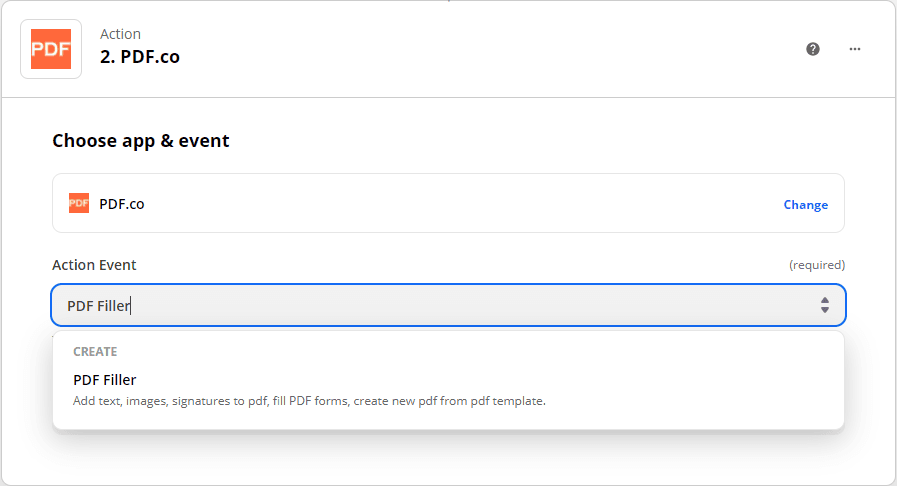 Choosing PDF Filler as the Action Event