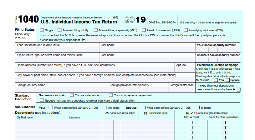 Screenshot of the Sample Fillable Form, IRS Form 1040
