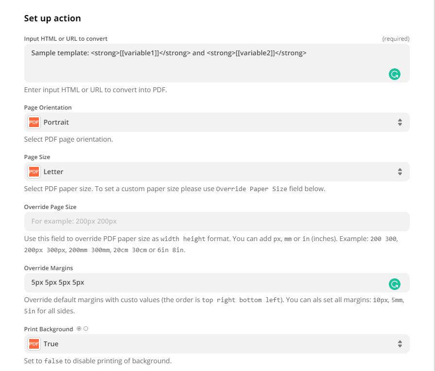 Action parameters