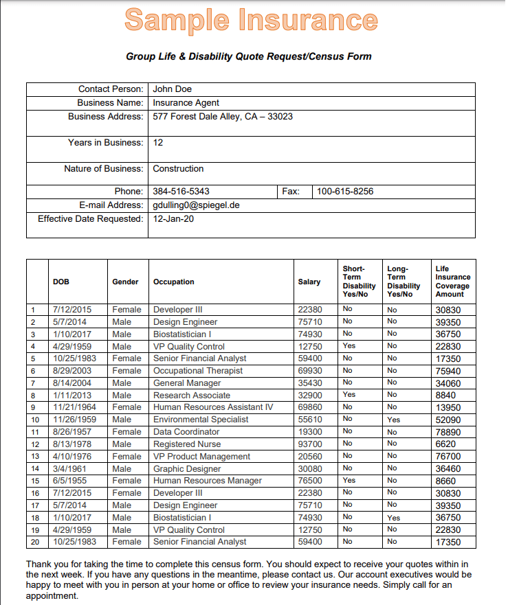 Screenshot of Sample Group Disability Form