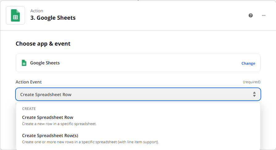 Choosing create spreadsheet row as the action event