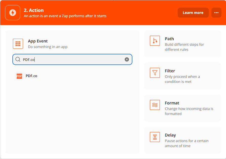 Selecting PDF.co as the Action App