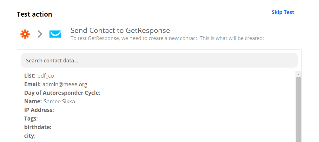 Sent Contact To GetReponse To Test