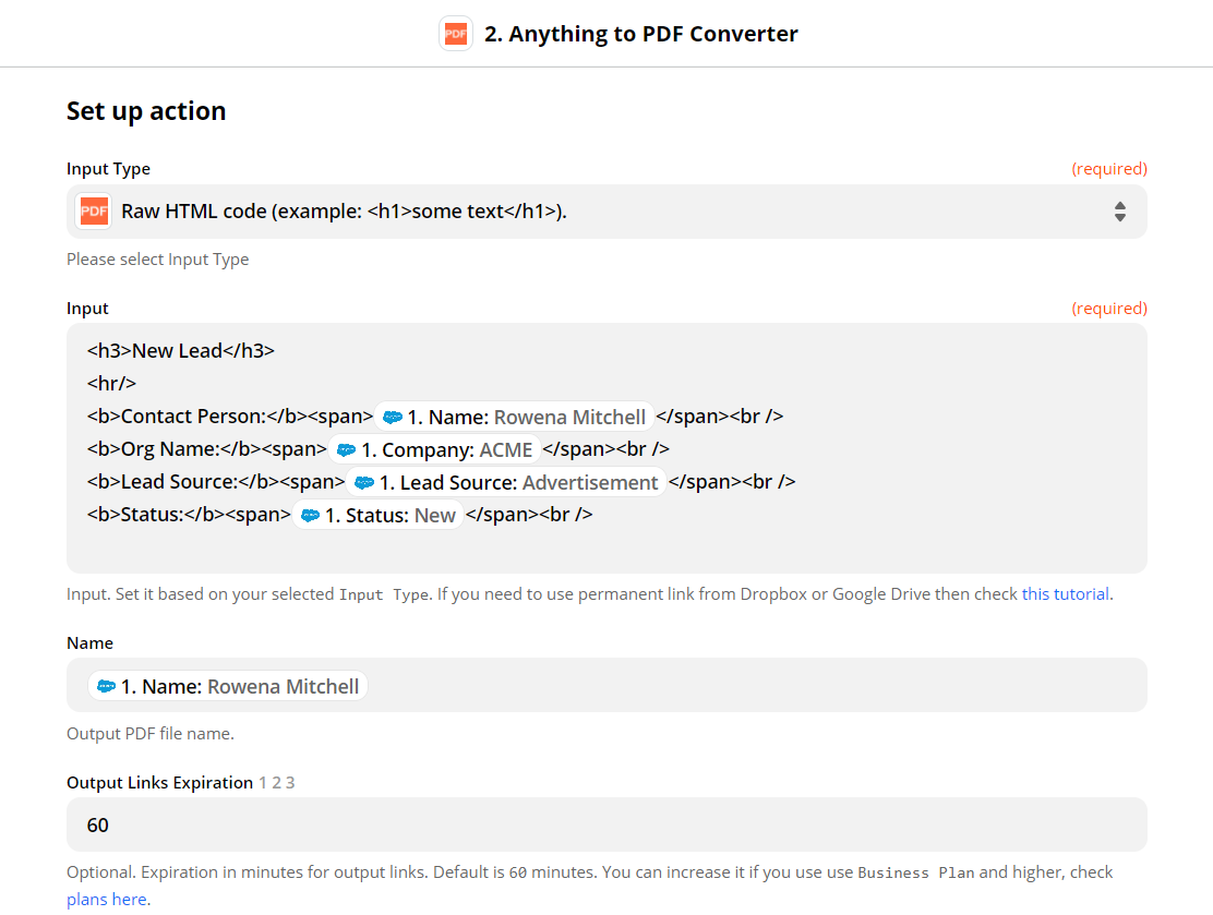 Configuring Anything to PDF in Zapier