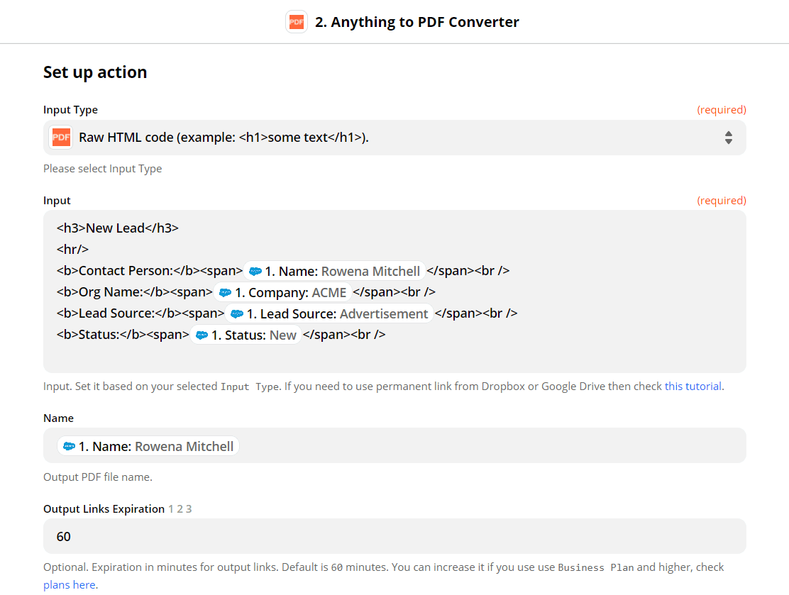 Configuring Anything to PDF in Zapier