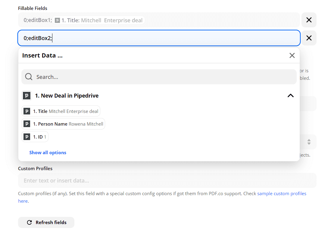 Fillable Fields Filled With CRM Data