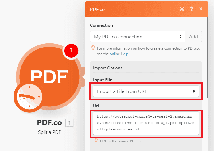 Screenshot of Split PDF module configuration