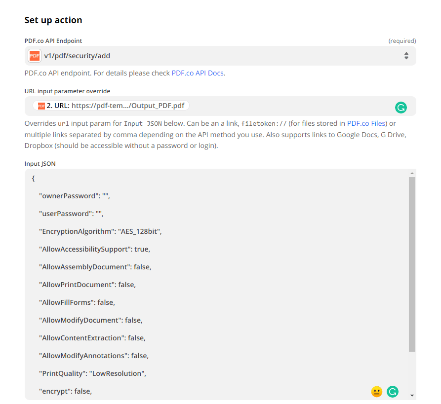 Setup action parameters