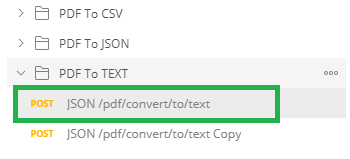 Screenshot of PDF to Text folder and JSON /pdf/convert/to/text