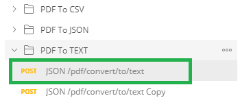 Screenshot of PDF to Text folder and JSON /pdf/convert/to/text