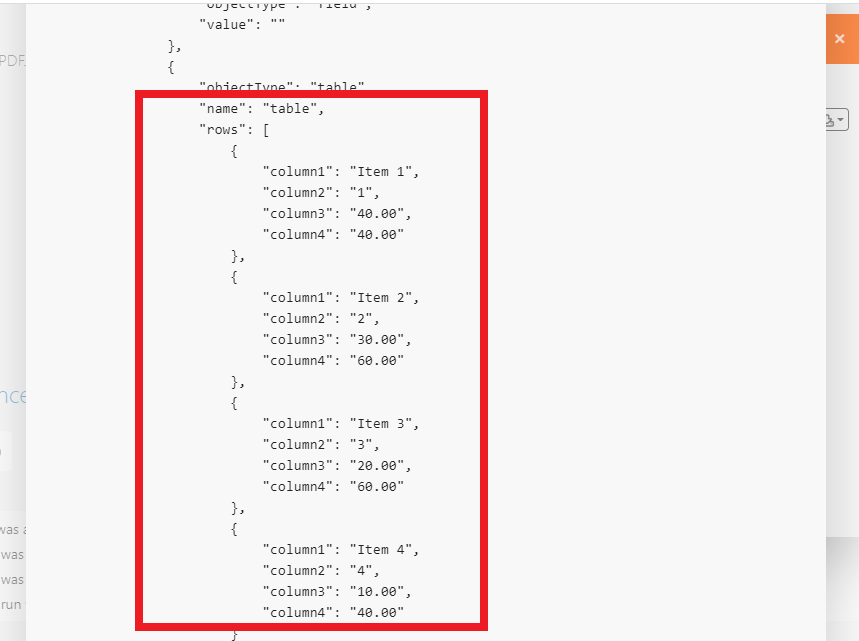 Screenshot of parsed PDF data in JSON format