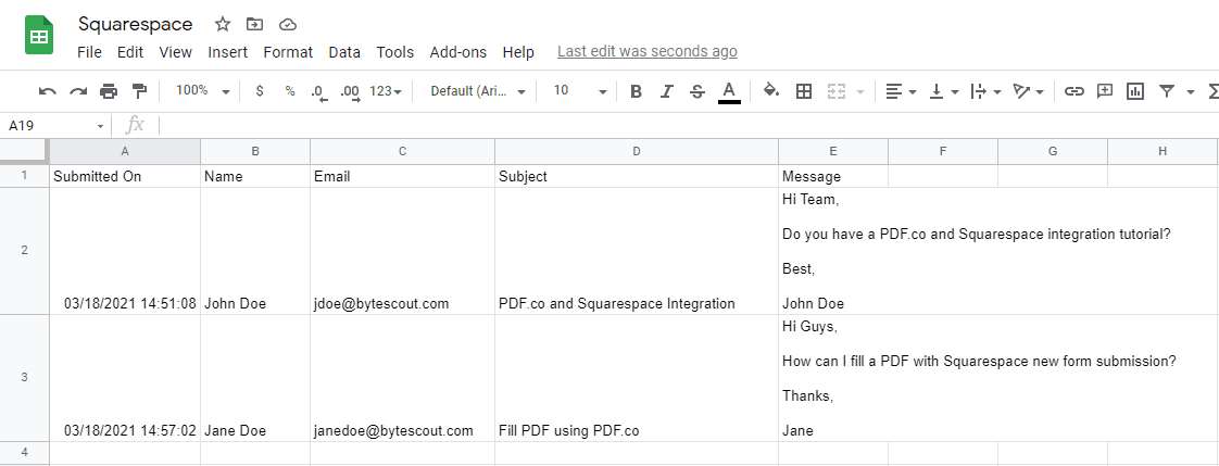 Screenshot of Collected Data from Squarespace in Google Sheet