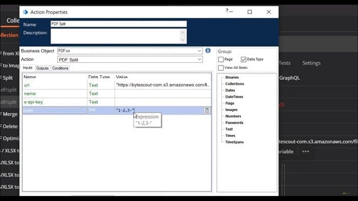 Screenshot of defining split parameters