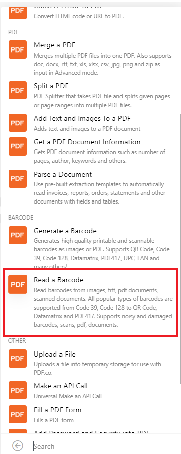 Screenshot of selecting Read a Barcode module