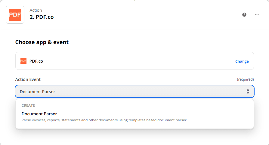 Choosing Document Parser as the action event