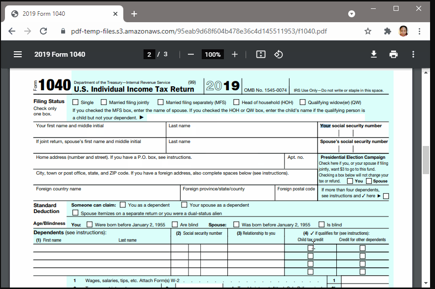 Image of Read-Only 2019 IRS Form 1040