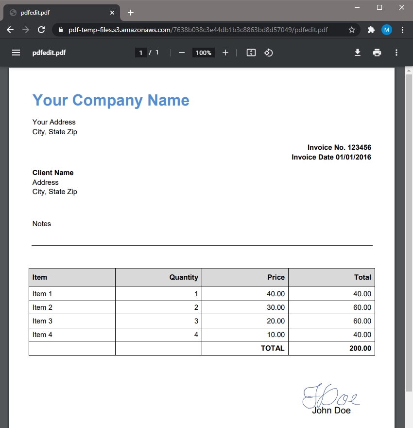 PDF Invoice With Signature Output