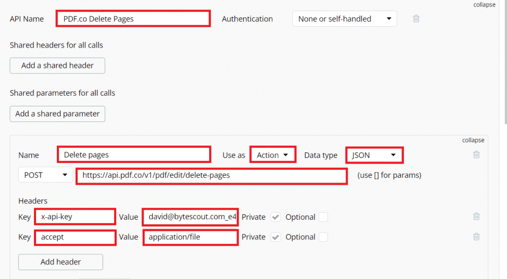 Screenshot of setting up API connector