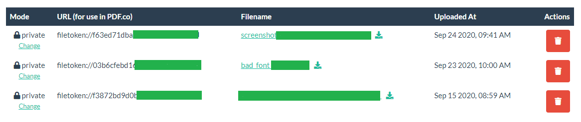 Table of uploaded files