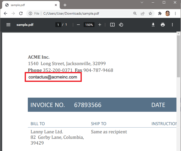 Source PDF Invoice with Email Address