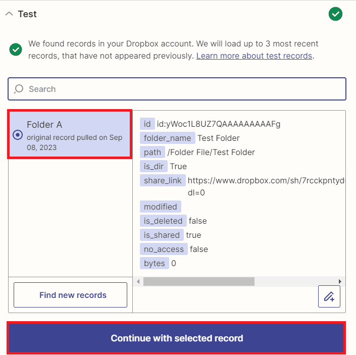 Zapier - Dropbox Trigger test result