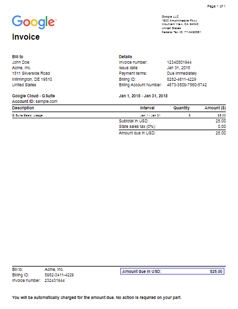 Screenshot of Source PDF, a sample Google Invoice