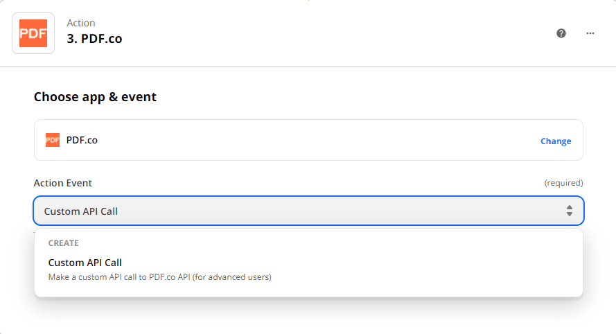 Choose Custom API Call as action event