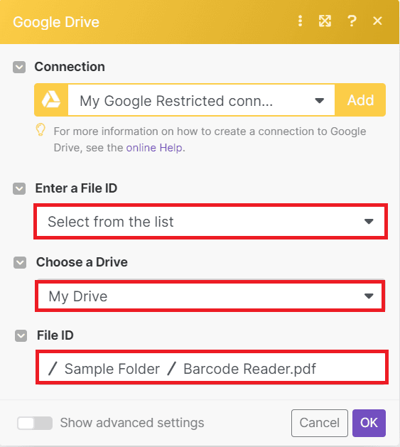 Screenshot of Google Drive configuration