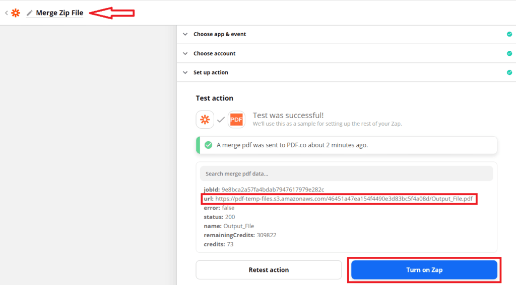 Once the test returns as successful. You can use the link to view and download the output PDF. Don't forget to give a name to your zap and turn it on.