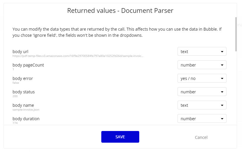 Returned values from Document Parser