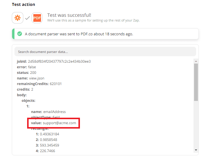 PDF.co Document Parser Email Extraction Result